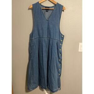 Blue J Denim Dress Womens Large Blue Sleeveless V-Neck Button Side Pleated Midi
